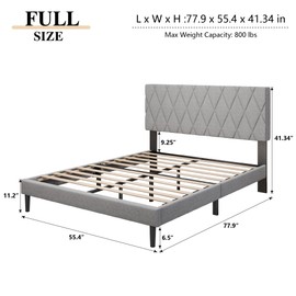 CXVX Full Size Bed Frame with Diamond Tufted Headboard, Linen Upholstered Platform Bed and Wooden Slat Support, Noise-Free, No Box Spring Needed, Easy Assembly, Light Grey