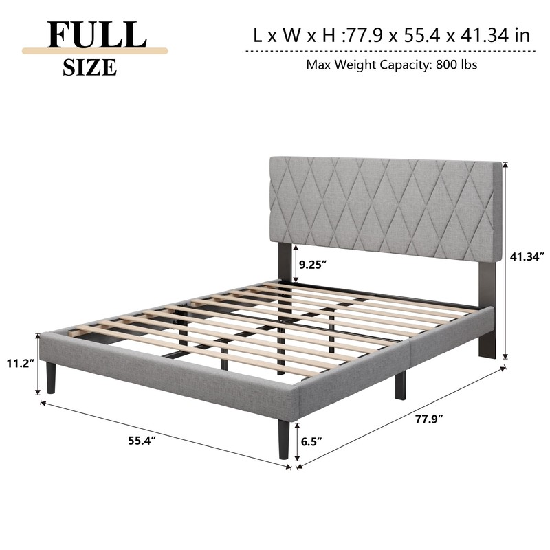 CXVX Full Size Bed Frame with Diamond Tufted Headboard, Linen