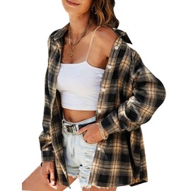 HangNiFang Oversized Flannel Plaid Shirts for Women Long Sleeve Button Down Shirts Blouse(0368-Khaki-L)
