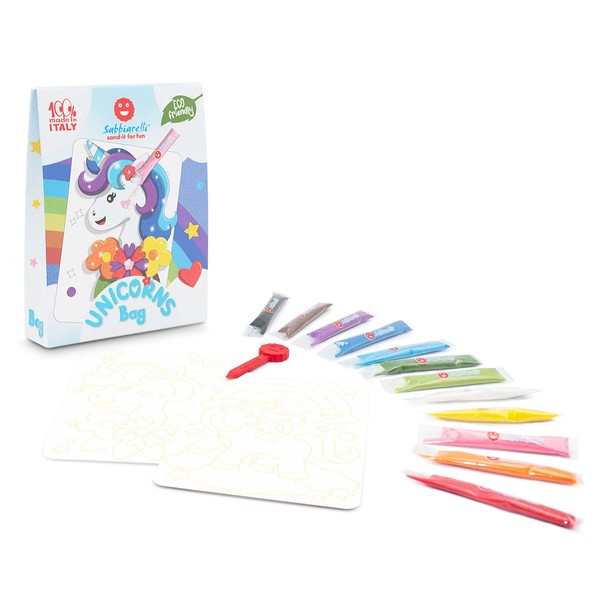 Sabbiarelli Sand-it For Fun Bag Unicorns – Set of Crafts: Paint with Sand Unicorns, 12 Colours, Birthday Gift for Children Ages 5+