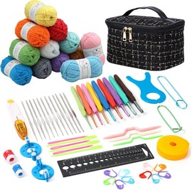75 Pcs Crochet Kit for Beginners, Crochet Yarn, Knitting Kit with 12 Yarn Balls Crochet Hooks Stitch Marker Storage Bag Knitting Accessories, Crochet Kits for Starter Adults Kids