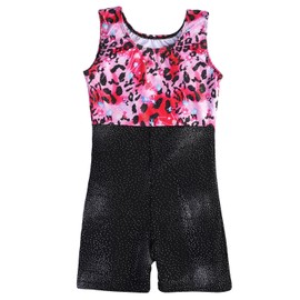 Spring Colorful Ribbons Pink Leopard Shiny Gymnastics Biketard for Little Girl (120(5-6Y), Pink leopard)