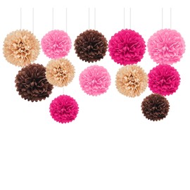 Capesaro Pink and Brown 12 Pieces Paper Pom Poms Party Decorations for Western Cowgirl Birthday Retro Rodeo Party, Hanging Tissue Paper Flowers for Engagement, Wedding, Baby Shower