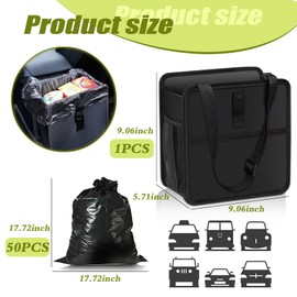 DECUIOCC Foldable Car Trash Can, Black Hanging Automotive Garbage Can with 50pcs Car Trash Bags, Trash Bag Waterproof Leakproof Trash Can Storage Bag Organizer for Car Interior Accessories
