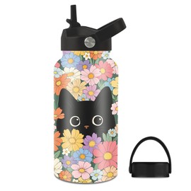 Gifts for Cat Lover, 25oz Black Cat Water Bottle with 2 Lid & Straw - Cats Flowers Insulated Water Bottles, BPA-free Leakproof Sports Waters Bottle for School Travel, Gift Cup for Cats Mom Dad