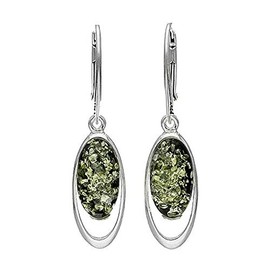 Large Amber Sterling Silver Earrings - Unusual Green Amber Fancy Dangly Drop Earrings - 070136