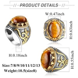 Dochais Tiger Eye Stone Mens Rings for Men Turquoise Vintage Ring Retro Large biker rings Oval Gemstone Stainless Steel Ring Size 7-13