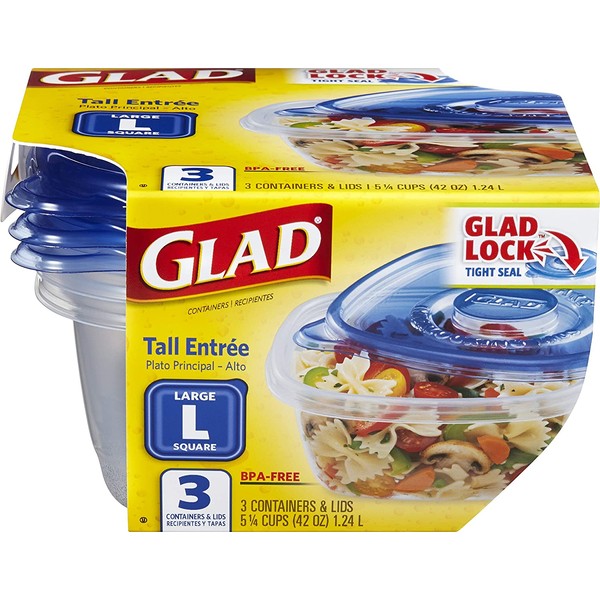 GladWare Tall Entrée Food Storage Containers, Large Square Holds 42 Ounces of Food, 3 Count