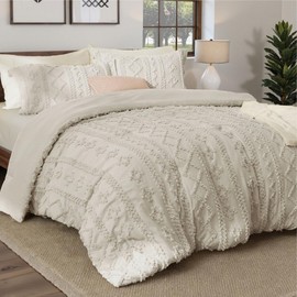 3-Piece Elegant Tufted Farmhouse Boho Comforter Set King Size Pretty Linen Beige Color | Eclectic Bohemian Plain Weave Geometric Patchwork Pattern | 3D Textured Durable Soft Cozy Shabby Chic Bedding