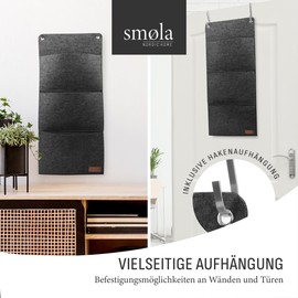 smøla Design Hanging Organiser Hanging Shelf Made of Felt for Door or Wall - Wall Organiser, Door Organiser for Hanging, Hanging Storage Including 2 Hooks, Anthracite