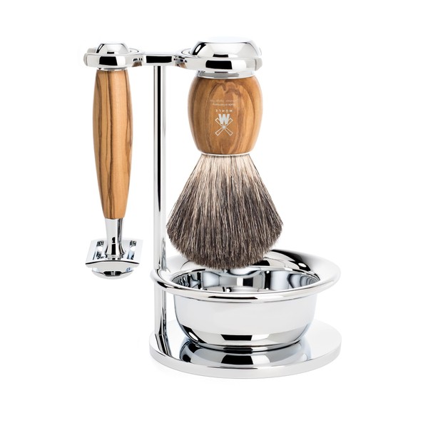 MÜHLE Vivo Shaving Set - Safety Razor, Shaving Brush with Pure Badger Hair and Holder - Handles Made of Elegant Olive Wood