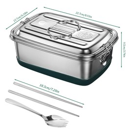 Silver Lunch Box, Stainless Steel Bento Boxes, 2000ml Double Tier Sandwich Box with Carrying Handle, Spoon and Chopsticks for Adults, Kids for Food Sandwich Salad Fruit, Picnic Box for Office School