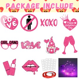 VitalCozy 2 Set Happy Galentine's Day Banner Lighted Hanging Galentine Porch Signs Ladies Night Party Decorations with LED Lights Pink Heart Glitter Valentines Day Lighted Garland, Batteries Included