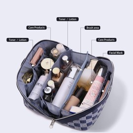 BOYATU Travel Makeup Bag for Women: Large Cosmetic Bag Set of 3 - PU Leather Make up Bag with Compartments - Compact Waterproof Toiletry Bag with Divider & Handle (10Deep Blue)