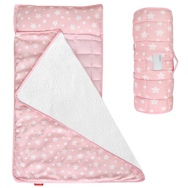 Moonsea Toddler Nap Mat Pink, Removable Pillow and Fleece Minky