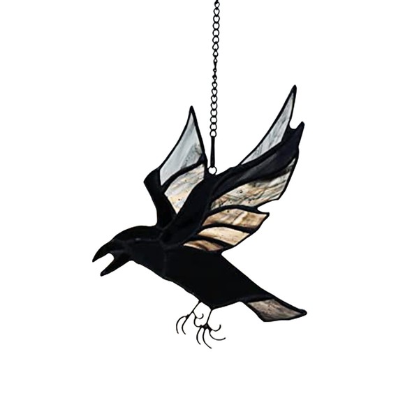 BOXCASA Raven Stained Glass Window Hangings,Crow Decorations for Halloween,Bird Suncatcher