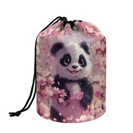 chaqlin Pink Panda Travel Cosmetic Bags Barrel Makeup Bag,Women Girls Portable Foldable Cases Multifunctional Toiletry Bucket Bags Round Organizer Storage Pocket