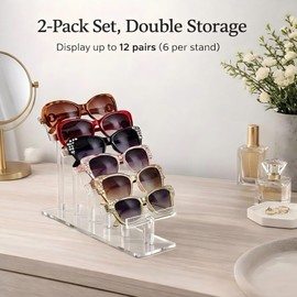 Varku 2Pcs Acrylic 6-Layer Stepped Sunglass Organizer,Clear Eyewear Display Rack for Glasses Storage,Countertop Sunglasses Holder Stand, Stable Tiered Desktop Shelf