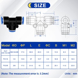 Daptemn Push to Connect Fittings 3/8" x 1/4" x 3/8" OD Reducing Tee, 6 PCS Air Line Fittings Reducing 3/8" Tee Plastic Tube Kit, Air Quick Connect Fittings 3 Way Tube Connector