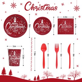 GAOMON Christmas Paper Dinner Plates Cup Napkins Cutlery, Xmas Party Supplies Tableware Set, Heavy Duty Disposable Tableware Napkins Cups, Perfect Christmas Party Supplies, Red, 200 PCS for 25