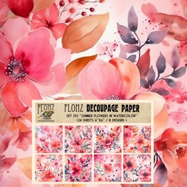 Decoupage Paper Pack (24 Sheets 6"x6") Summer Flowers in Watercolor # Vintage Styled Pattern Paper for Decoupage, Craft and Scrapbooking