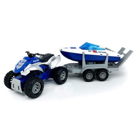 Large ATV Toy with Trailer Speedboat Tow Truck Flatbed Transport Police Motorcycle Toy Vehicle 2 in 1 Playset, Light Sound, Toys Trucks for Boys 3 4 5 6 7 Years Old Kids Toddlers Birthday Gifts, blue