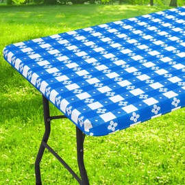 Spotjoy Rectangle Vinyl Table Cloth, Waterproof Elastic Fitted Tablecloth with Flannel Backing, Plastic Table Cover for Picnic, Camping, Outdoor (Blue & White, 30"x60")