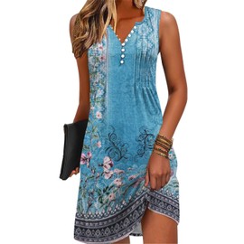 ETCYY Sundresses for Women 2025 Vacation Swim Cover up Beach Dresses Button Down Sleeveless Boho Floral V-Neck Summer Dress,Floral Blue,Large