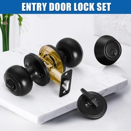 3 Sets Entry Door Knob and Single Cylinder Deadbolt Combo Set, Keyed Alike Round Ball Matte Black Exterior Door Knobs with Lock and Keys for Entrance and Front Door