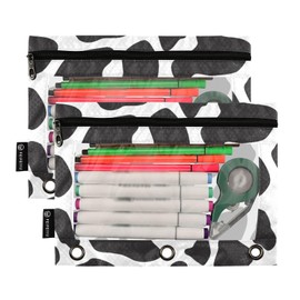 Gredecor Binder Pencil Pouch 3 Ring Black and White Cow Print Zipper Pencil Pouches Case 2 Pack Clear Binder Organizer for School Office