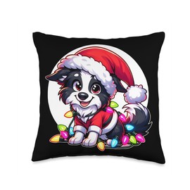 border collie Santa Merry Xmas Fairy Lights Merry Christmas Xmas Border Collie Santa Dog with Throw Pillow, 16x16, Multicolor