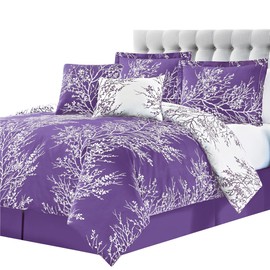 Spirit Linen - Queen Bed in a Bag, 6-Piece Oversized Reversible Bedding with Matching Shams & Bed Skirt, Elegant Home Decor for All Season (Foliage Purple/Ivory, Queen)