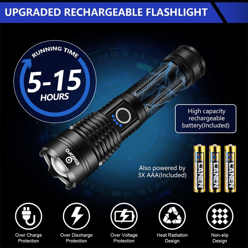 Esgofo Flashlights High Lumens 10000 Rechargeable, Super Bright Handheld LED