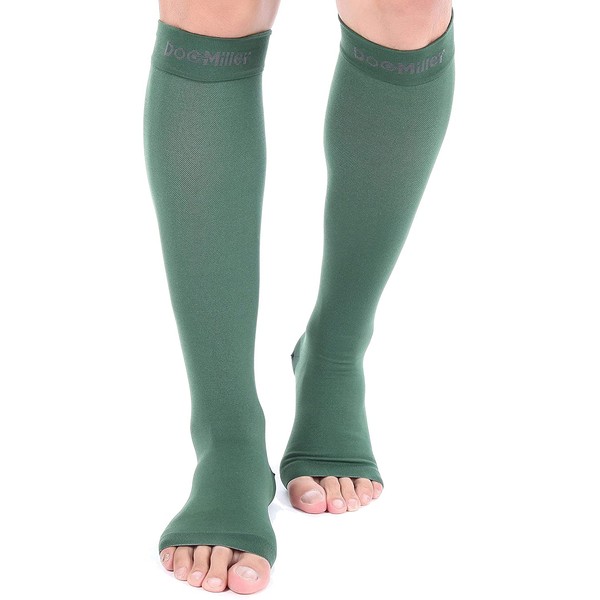 Doc Miller Open Toe Compression Socks – 1 Pair Compression Socks Women & Men 20-30mmHg Support Stockings Travel DVT Shin Splints Varicose Veins Legging Medical Grade Nurse (Dark Green, Small)