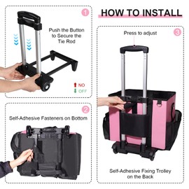 VSHXENG Large Rolling Cleaning Caddy Bag with Wheels, with Detachable Trolley, Cleaning Bags on Wheels for Housekeepers, Cleaning Cart Supplies Organizer for Home, Car, Picnic (Pink)