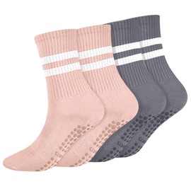 REEKNOKOL 2 Pairs Yoga Socks with Grips, Non Slip Pilates Socks Long Grip Socks for Women Girls Home Gym Sports Workout Fitness (Pink & Grey)…