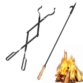 26" Fireplace Fire Pit Tongs & 32" Fire Pit Poker, Fireplace Wood Stove Firewood Tongs, Black Heavy Duty Wrought Iron Log Grabber Tools for Campfire, Bonfires, Indoor & Outdoor Use