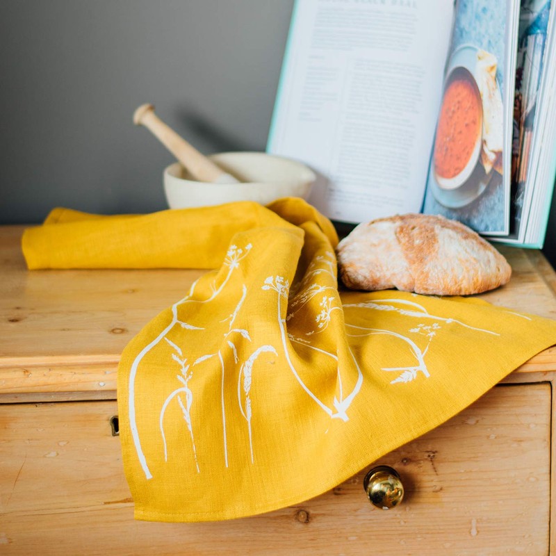 Mustard Linen Tea Towel, hand printed with hedgerow flowers. This