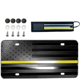American Black USA Emergency Dispatchers Safety Telecommunication Support Honoring Embossed Flag Aluminum 4 Hole Novelty License Plate, 3D Stars Stripes Textile US Flag Keychain (Yellow LINE)