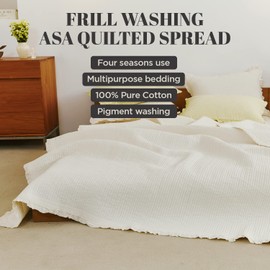 100% Cotton Frilled Bed Coverlet, Blanket – Full/Double Size Bed 79 x91” - Pigment Washed Soft & Breathable Quilted Blankets for Bed and Couch – Lightweight Bed Coverlet for All Seasons (Ivory)