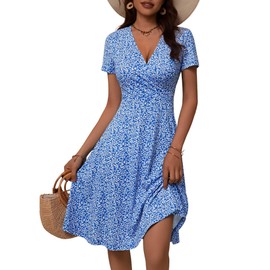 MSBASIC Summer Dresses for Women 2025 Short Sleeve Wrap V Neck Sundress A Line Spring Dresses(Floral-100,Medium)