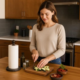 Heavy Natural Stone Paper Towel Holder – Handcrafted from Solid Indonesian Marble, Non-Tip Weighted Base, One-Hand Tear Design, 12” Tall, Black