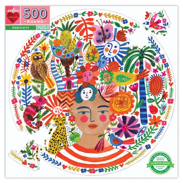 eeBoo: Piece and Love Positivity 500 Piece Round Circle Jigsaw Puzzle, Puzzle for Adults and Families, Glossy, Sturdy Pieces and Minimal Puzzle Dust