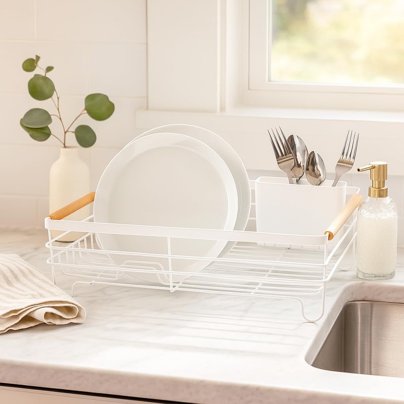 Oggi Large Dish Drying Rack - White & Bamboo Dish