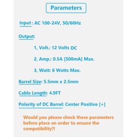 DC Power Supply Adapter 12V 0.5A Cord Replacement 6W AC Adapter 100-240V AC to DC 12V 500mA Power Cord, 5.5mm x 2.5mm Barrel Plug, 8 Tips