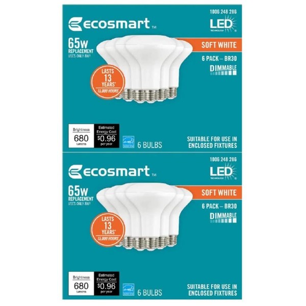 EcoSmart 65-Watt Equivalent BR30 Dimmable Energy Star LED Light Bulb Soft White (12-Pack)
