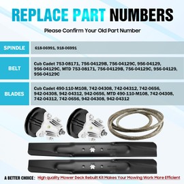 Autsurles Lawn Mower Deck Rebuild Kit Fit for MTD Columbia Troy Bilt 42 inch LT4200 M115-42 T1000 T1400 T1800 Bronco Pony Includes 618-06991 Spindle, 742-04308 742-04312 Blade, 753-08171 Belt