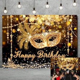 Masquerade Happy Birthday Backdrop Crystal Feather Mask Mardi Gras Photography Banner Glitter Black Gold Mask Carnival Dress-up Evening Birthday Party Decorations Background (7X5FT (210x150cm))