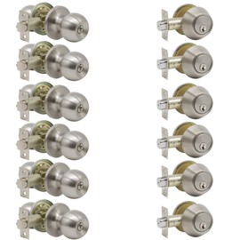 Gobrico Round Ball Entry Door Knob and Single Cylinder Deadbolt Lock Combination Sets with Same Key for Front and Entrance Door,Satin Nickel Door Handlesets,6 Pack