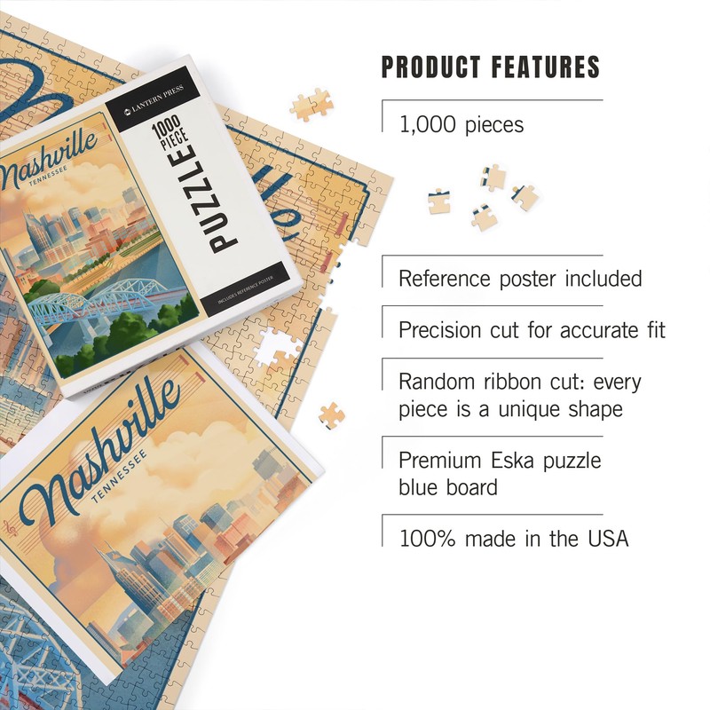 Lantern Press Nashville, Tennessee, Lithograph City Series, 1000 Piece Jigsaw